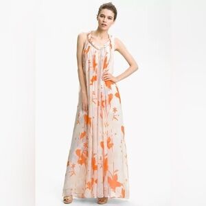 DVF Silk Chiffon Floral Orange and Cream Maxi Dress